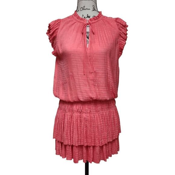 🧡 CURRENT AIR Maude Smocked Tiered Elastic Waist Orange Coral Mini Dress SIZE S - Picture 1 of 15